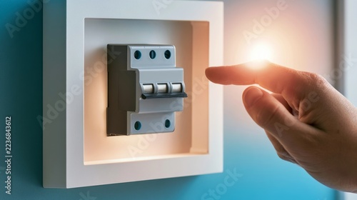 Modern Electrical Circuit Breaker with Hand Touching Switch in Bright Interior Setting
