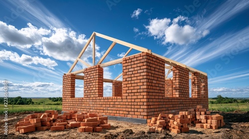Modern Brick House Construction with Wooden Roof Frame Under Clear Blue Sky and Clouds