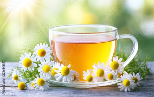 Fresh Chamomile Tea Infusion with Herbs and Flowers in a Glass Cup on a Wooden Surface