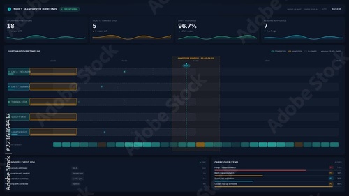 Industrial shift handover dashboard with operational metrics, timeline events, pending approvals, for factory management, teamwork, process monitoring in 4k