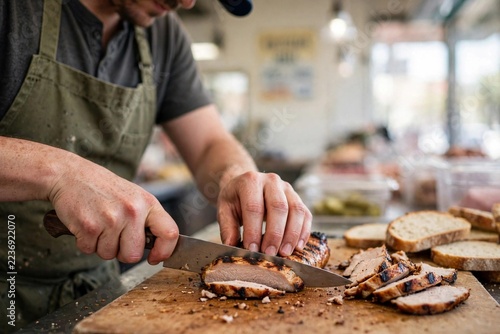 Deli worker slicing grilled pork for sandwiches at a counter