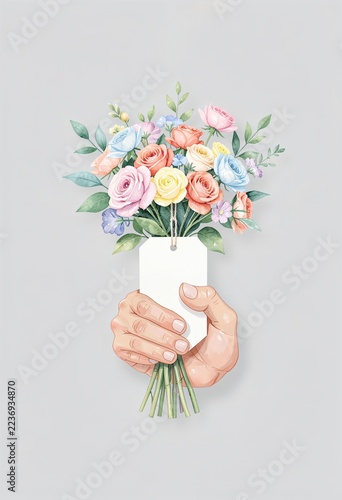 Watercolor human hand holding colorful bouquet of roses with blank white price tag