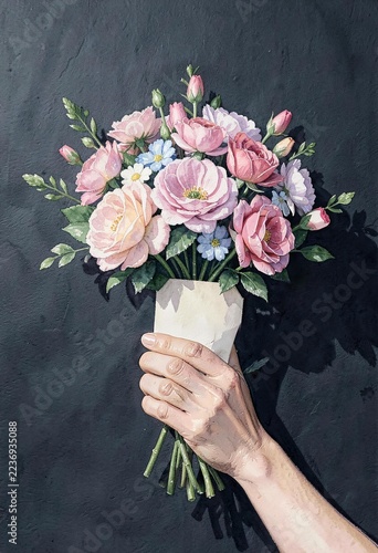 Detailed watercolor painting showing human hand holding vibrant bouquet of pink roses and wildflowers against dark textured background