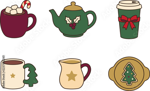 Hot beverages and treats holiday set with candy cane stirrer poinsettia bow star tree icons