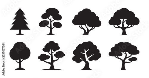 Deciduous tree silhouette set includes varied forest plants isolated on transparent background.
