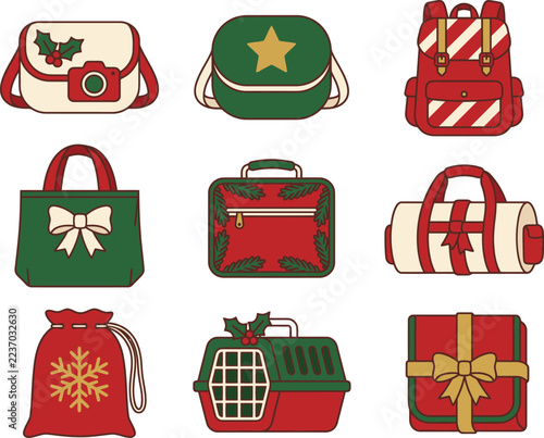 Holiday-themed backpacks tote bags gift boxes pet carrier with bows snowflakes holly leaves