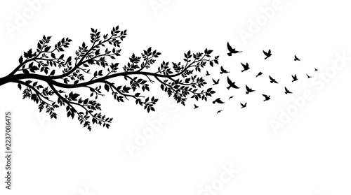 Silhouette Tree Branch with Flying Birds Isolated