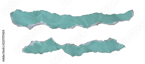 Teal torn paper strips with ripped white deckle edges isolated on transparent background