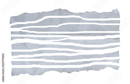 White torn paper strips with horizontal shredded cuts and creased texture on transparent background