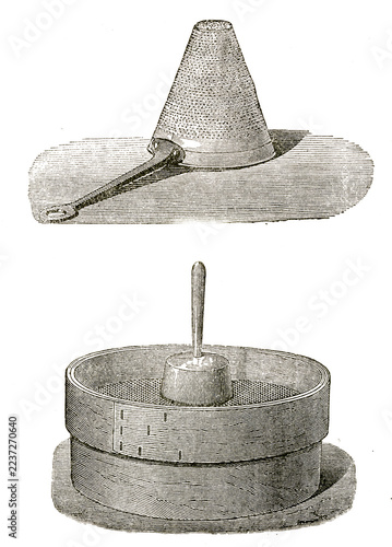 Obraz na plátně Vintage engraving of antique baking tools, conical chinoise strainer, and flour sifter isolated on transparent background