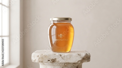 Glass jar filled with pure natural golden honey on concrete surface