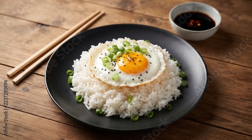 Delicious fried rice topped with sunny side up egg and green onions