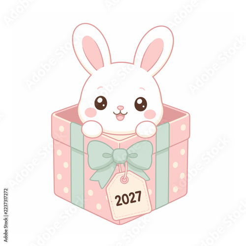 Cute kawaii bunny sitting in a pastel gift box with a 2027 tag vector illustration   