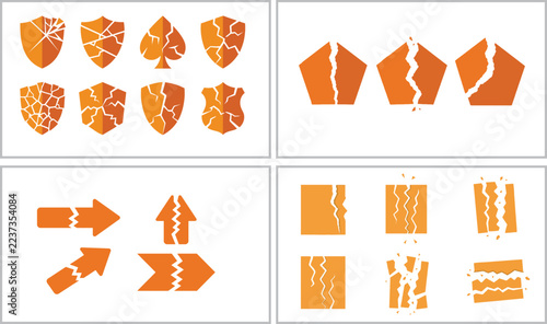 Orange broken shield arrow and square icons set with various crack patterns