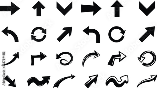 Black Directional Arrow Icons Set with Curved and Circular Shapes