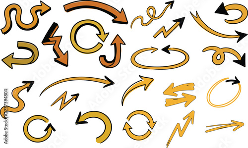Yellow and Orange Hand Drawn Arrows Collection with Black Outlines
