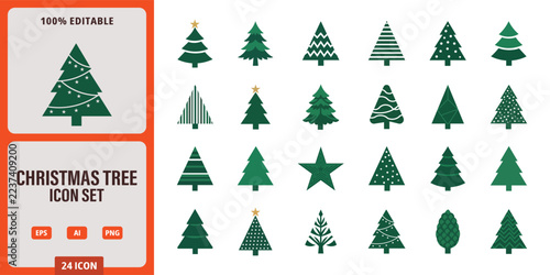 Set of 24 christmas tree icons in various flat green styles for holiday design projects, featuring diverse shapes, patterns, and decorative elements for festive seasonal graphics