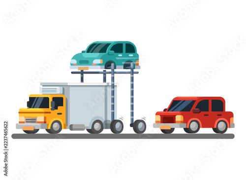 Futuristic Car with Hydraulic Lift Mechanism Driving above Congested City Traffic Cartoon Illustration Vector
