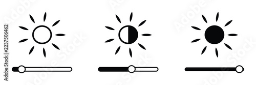 Brightness setting icon with sun. brightness control icon set. sun and screen brightness control icons.