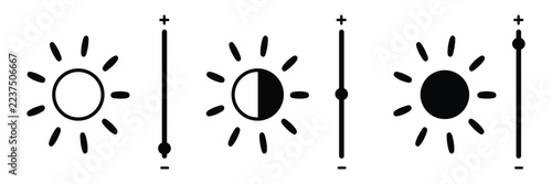 Brightness setting icon with sun. brightness control icon set. sun and screen brightness control icons.