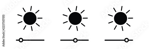 Brightness setting icon with sun. brightness control icon set. sun and screen brightness control icons.