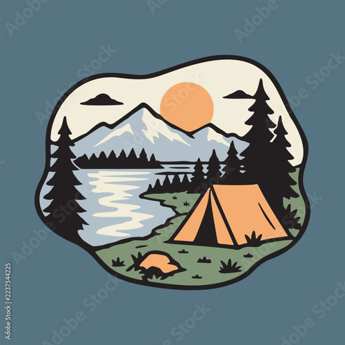 Camping with view of lake and mountains graphic illustration vector art t-shirt design