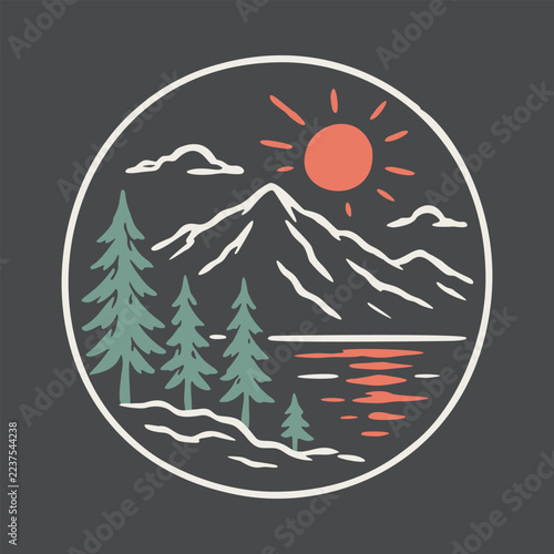 Beauty lake and mountains graphic illustration vector art t-shirt design