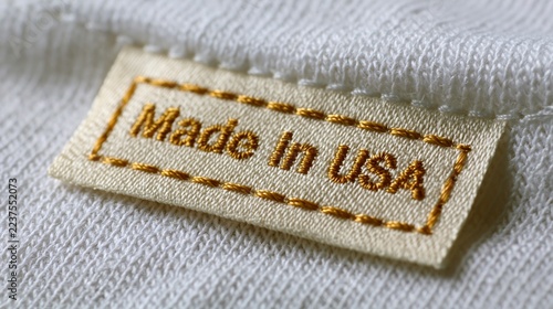 Close-up of a Made in USA clothing label sewn onto white fabric, highlighting American manufacturing, domestic production and product origin