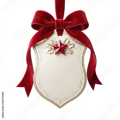 Shield-shaped christmas gift tag with red velvet bow and star ornament