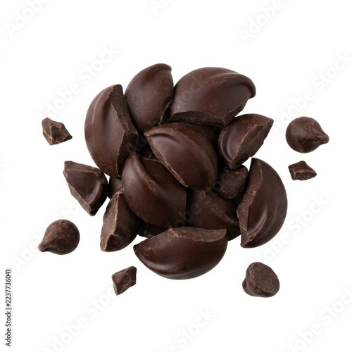 Pile of dark chocolate cocoa drops and broken pieces on white background