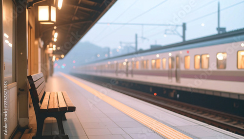 駅 ホーム 線路 ベンチ 鉄道 屋根 架線 夕方 夕日 夕焼け ノスタルジー 旅 郷愁 哀愁 プレースホルダー 背景素材 合成用 空間 奥行き 質感
