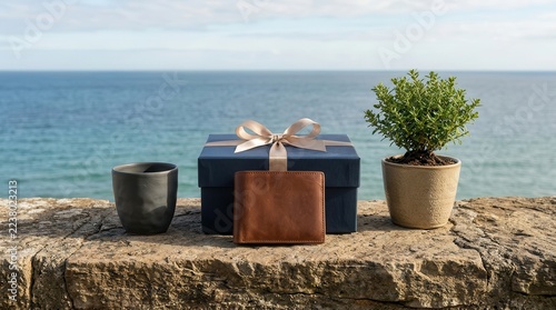 Holiday gift box with leather wallet black mug and potted plant on stone wall by the sea