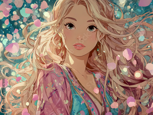 Gentle pastel illustration of a young woman enjoying a spring breeze with flower blossom petals floating around her, expressing softness, romance, and peaceful beauty.