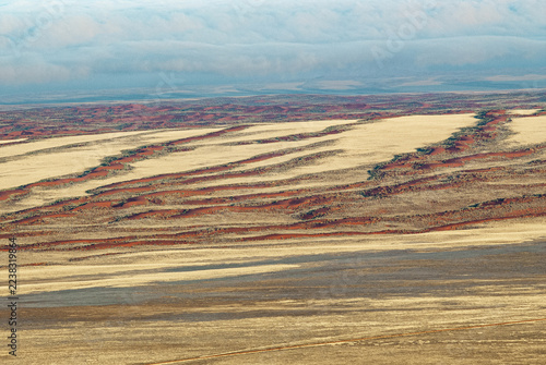 View of arid Namib desert landscape with linear red sand dunes and pale sandy plains