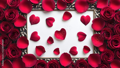 Red rose petals and heart shapes in a decorative frame illustration