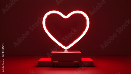 Glowing red neon heart sign on a display podium illustration