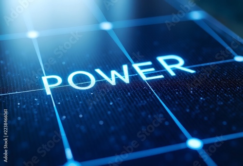 High tech solar panel surface texture with sharp digital power text